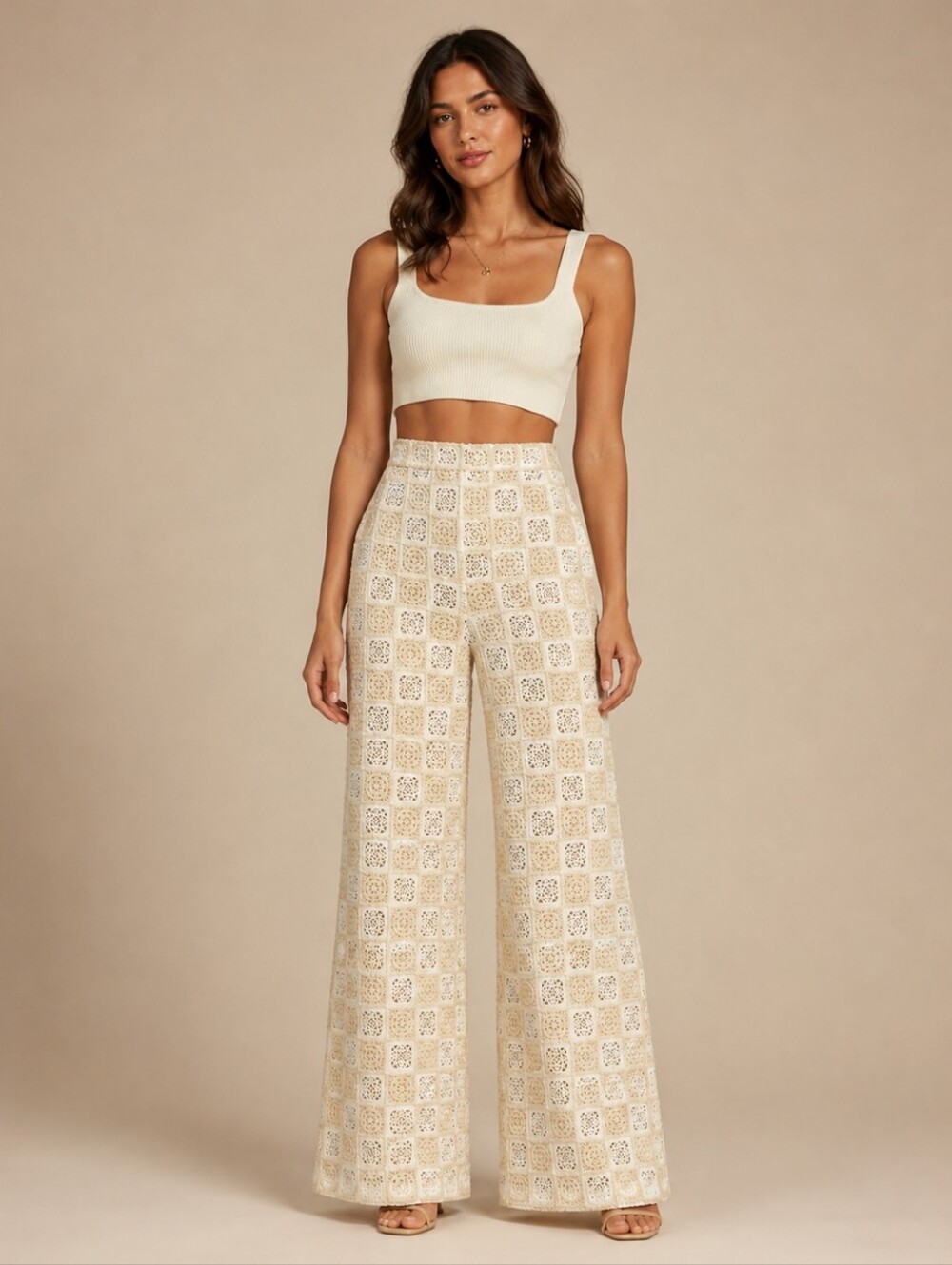 Crochet Square Pattern Wide-Leg High Waisted Pants in Cream and White